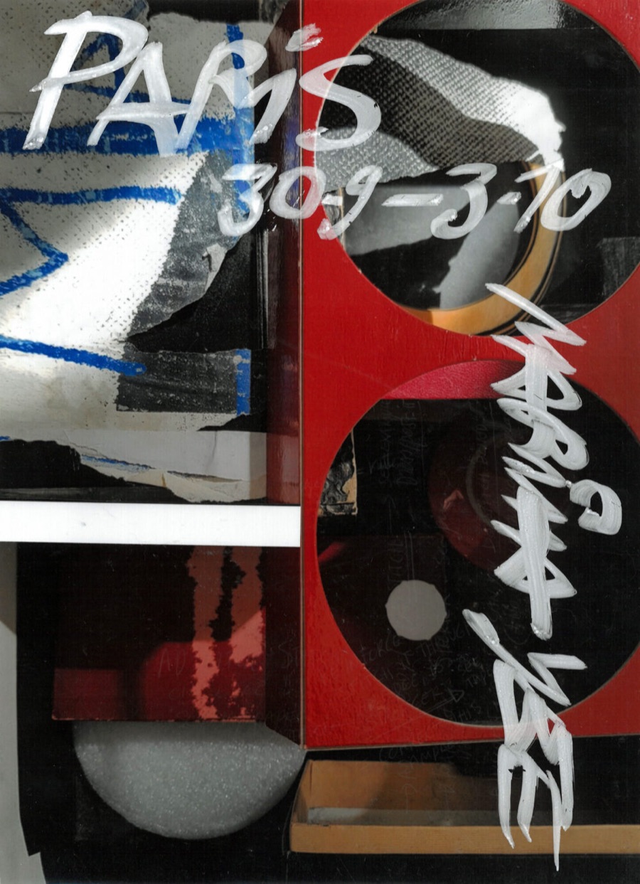 A show invitation built from torn paper and red board, hand-lettered in white paint.