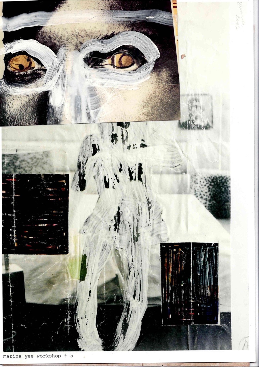 A scanned collage: a photographed face and figure painted over in broad white brushstrokes, with darker cut-outs pasted alongside.
